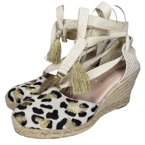 Air & Grace Cowhide Espadrilles Wedges Shoes EU 39 US 8 ANimal Print Lace Up